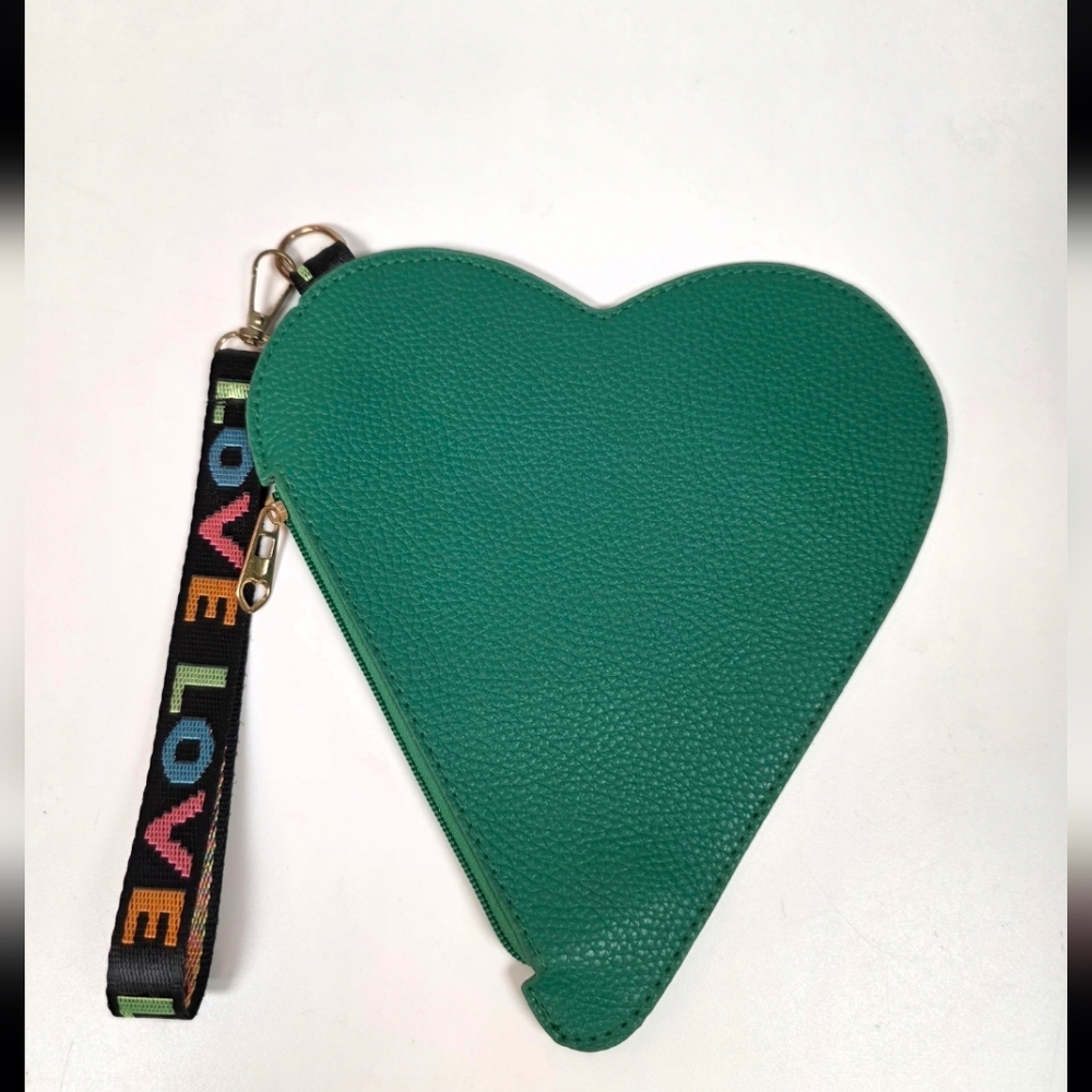 Green Heart-Shaped Wristlet Pouch with LOVE Strap